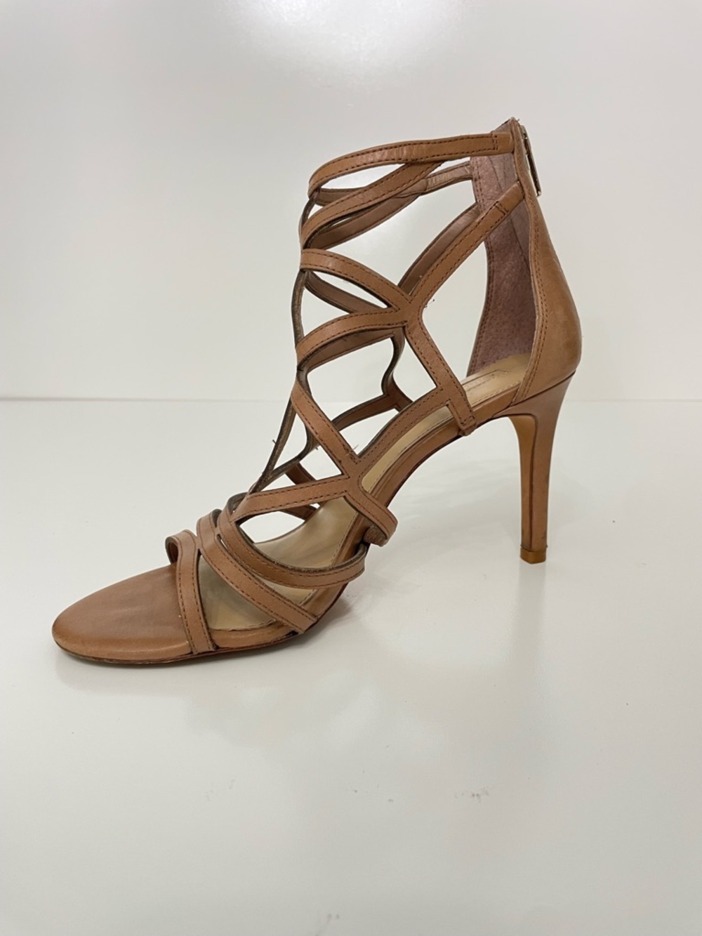 Antonio Melani Leather Strappy Spike Heel Tan Sandals, size 9